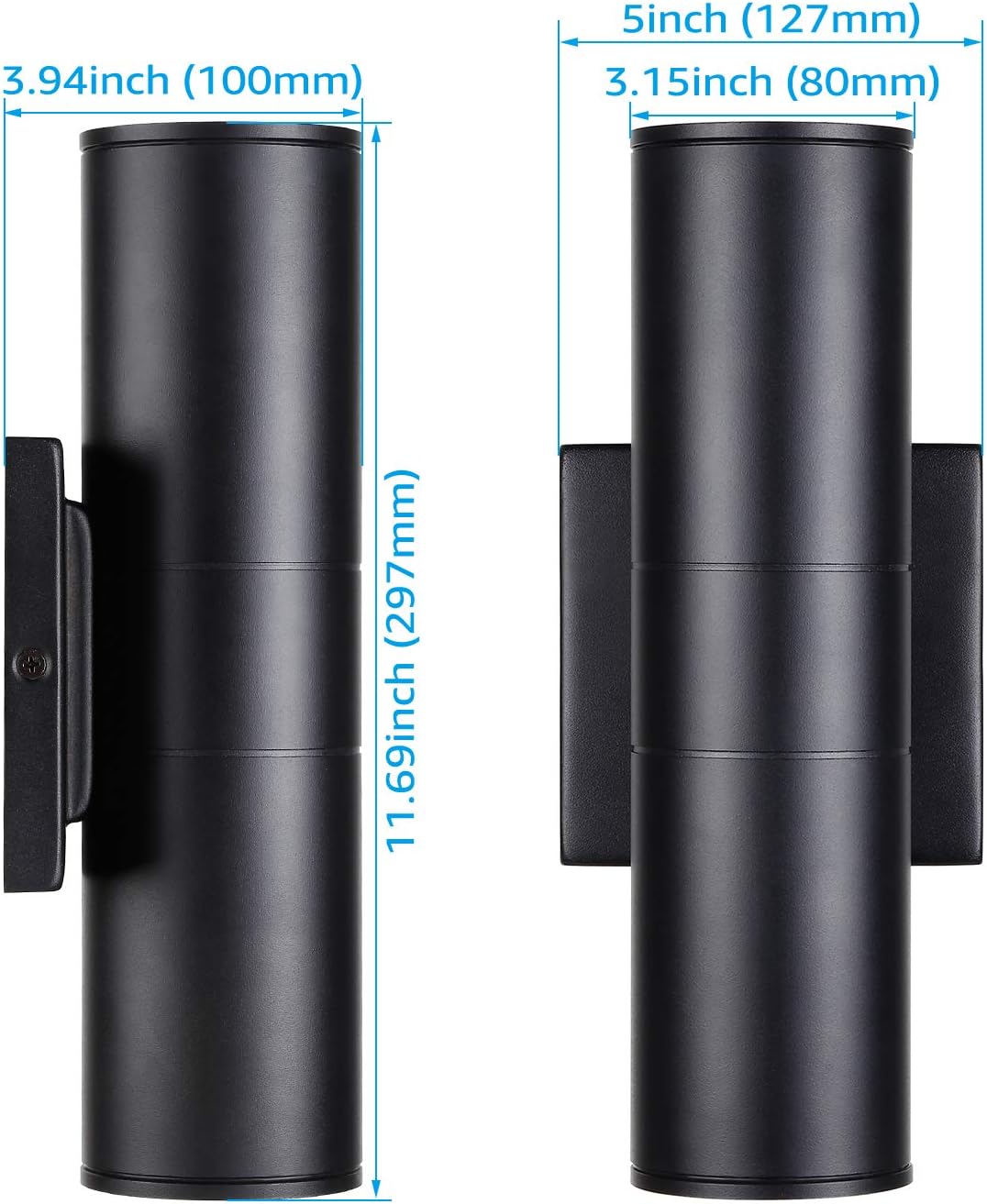 Integrated LED Cylinder Up Down Wall Light Outdoor, 100V-277V Aluminum Waterproof High-end Wall Sconce in 2 Lights, ETL-Listed 20W 1400lm, Exterior Front Door Porch Light Fixtures, Pack of 2